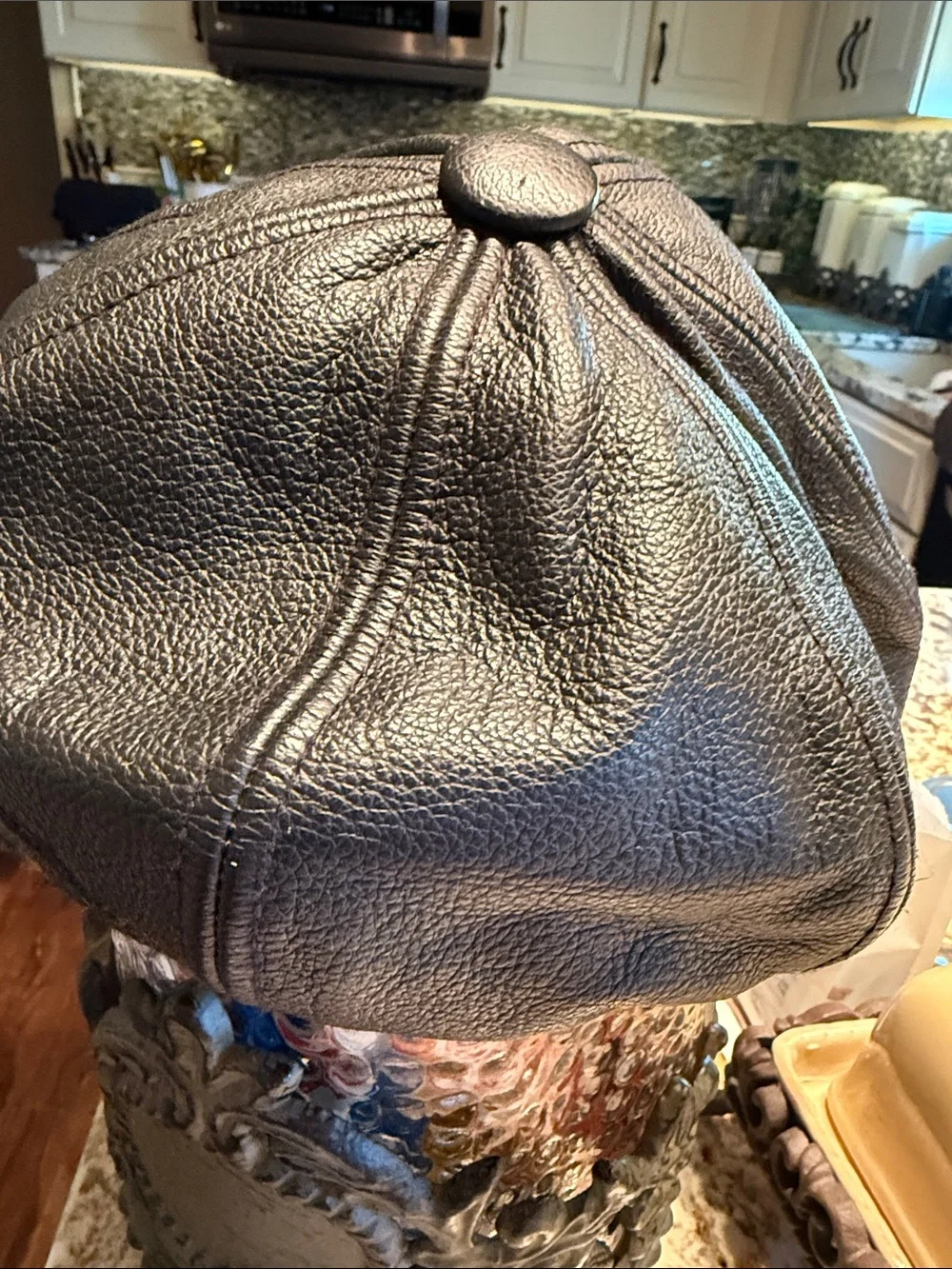 Studded Black Leather Newsboy Hat with Embroidered Detail